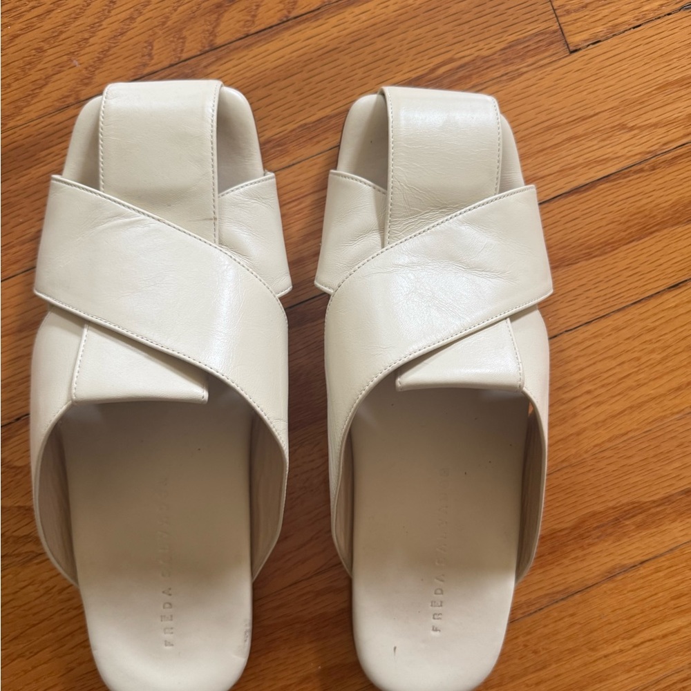 Freda Salvador Cream Leather Cross-Strap Slide Mules
